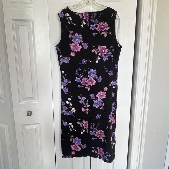 Women Black Floral Scoop Neck Sleeveless Midi Dress Size 12 Vintage - Picture 4 of 10